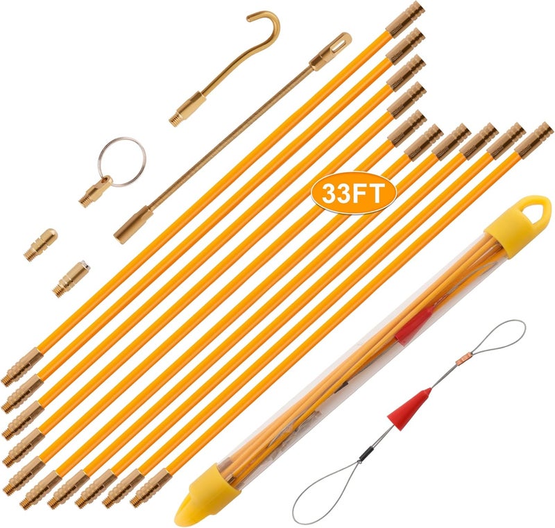 KOOTANS 33FT Fiberglass Running Electrical Wire Cable Glow Rods Wire Pulling Tools Fish Tape Wire Puller Through Wall Cable Snake Fish Rods Kit with Different Attachments - Image 1